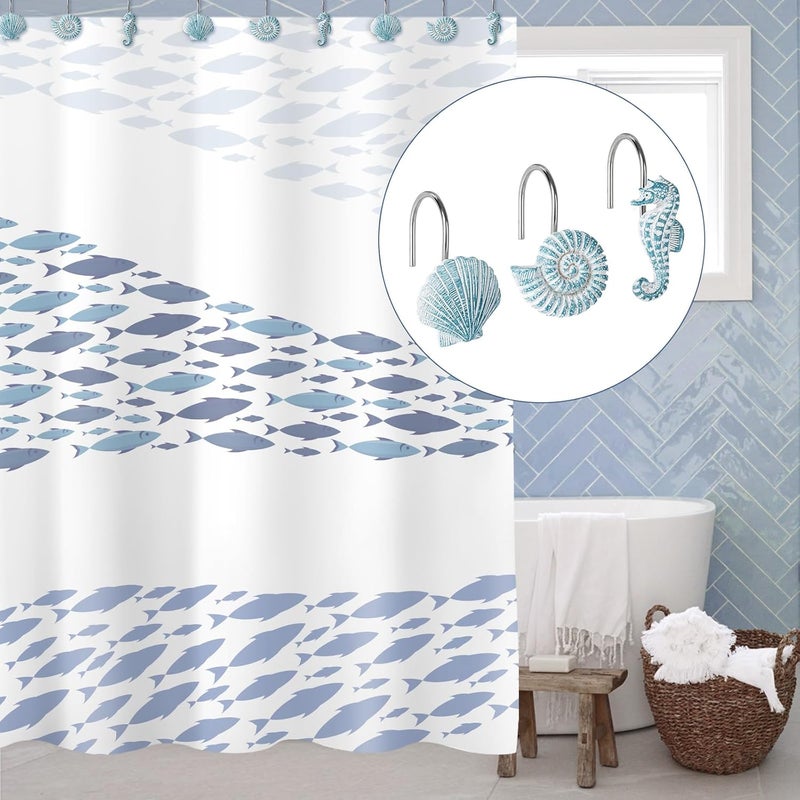 Sunlit 12-Piece Aqua Blue Resin Shower Curtain Hooks, Ocean Creatures Coastal Design, Nautical Bathroom Decoration - Image 4